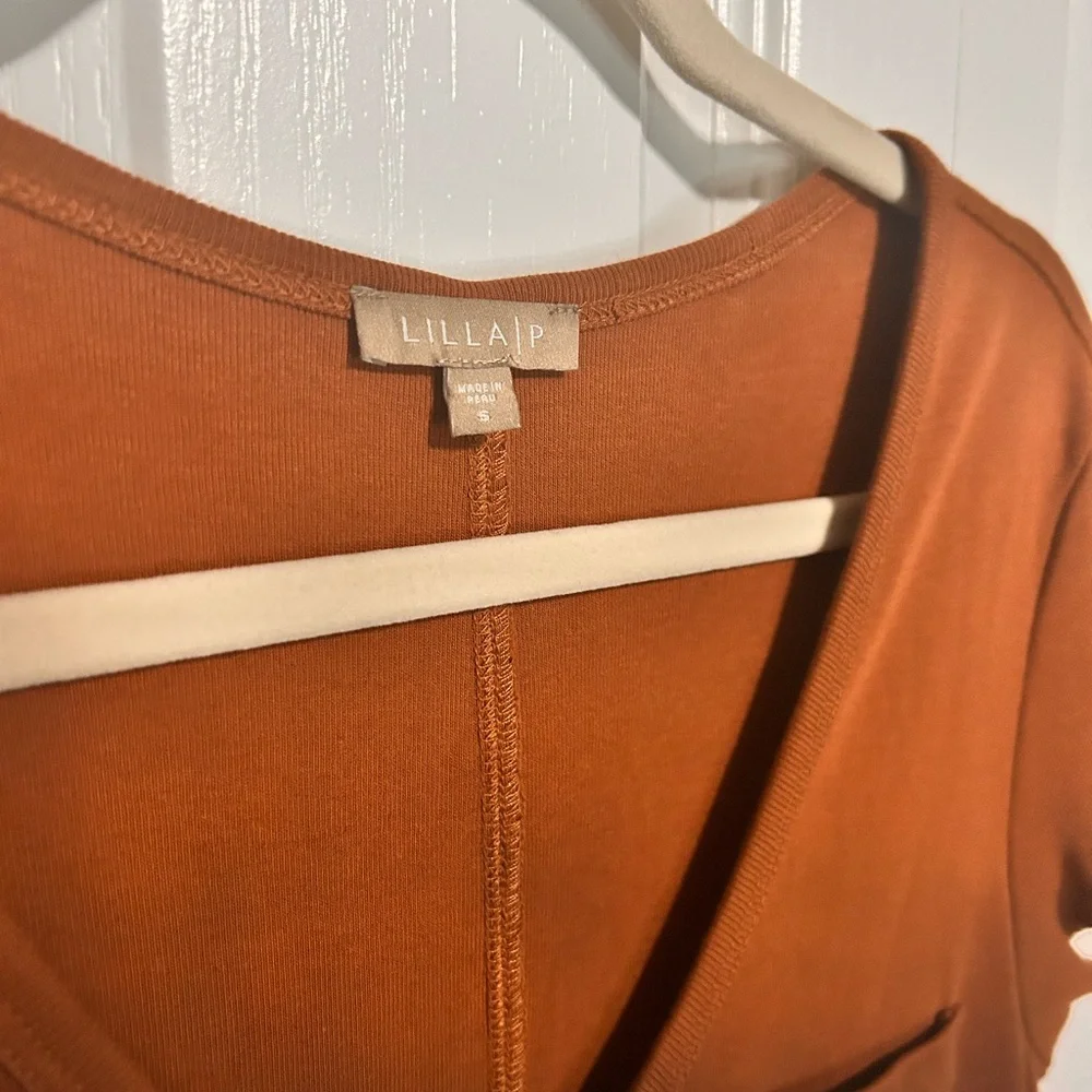 Lilla P Women’s Rust V-Neck Pocket T-Shirt Mini‎ Dress Small S Cotton Minimalist